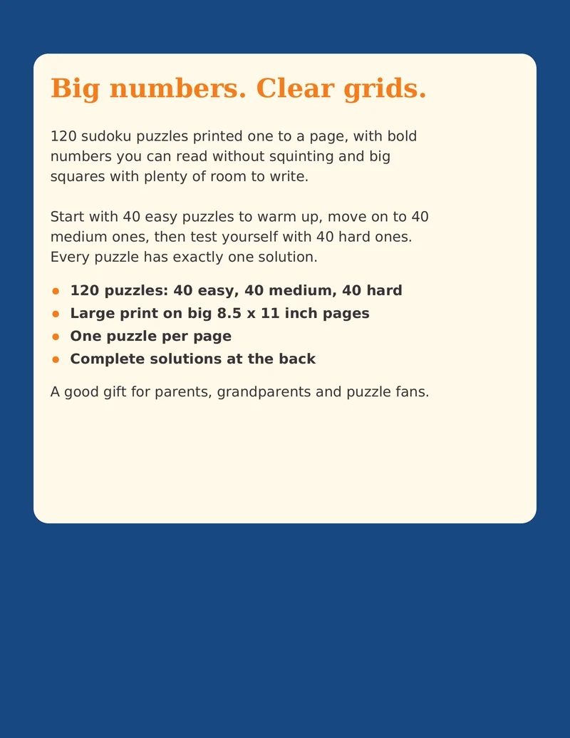 Large Print Sudoku for Adults, back cover