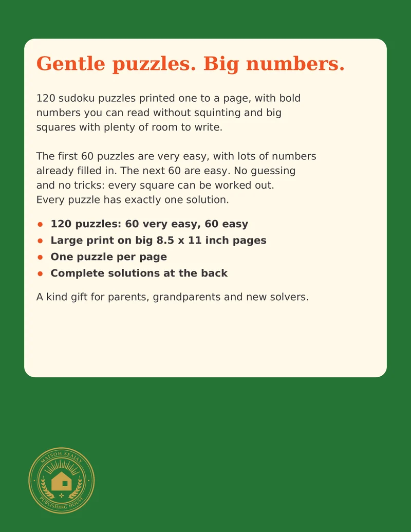 Easy Large Print Sudoku for Seniors, back cover