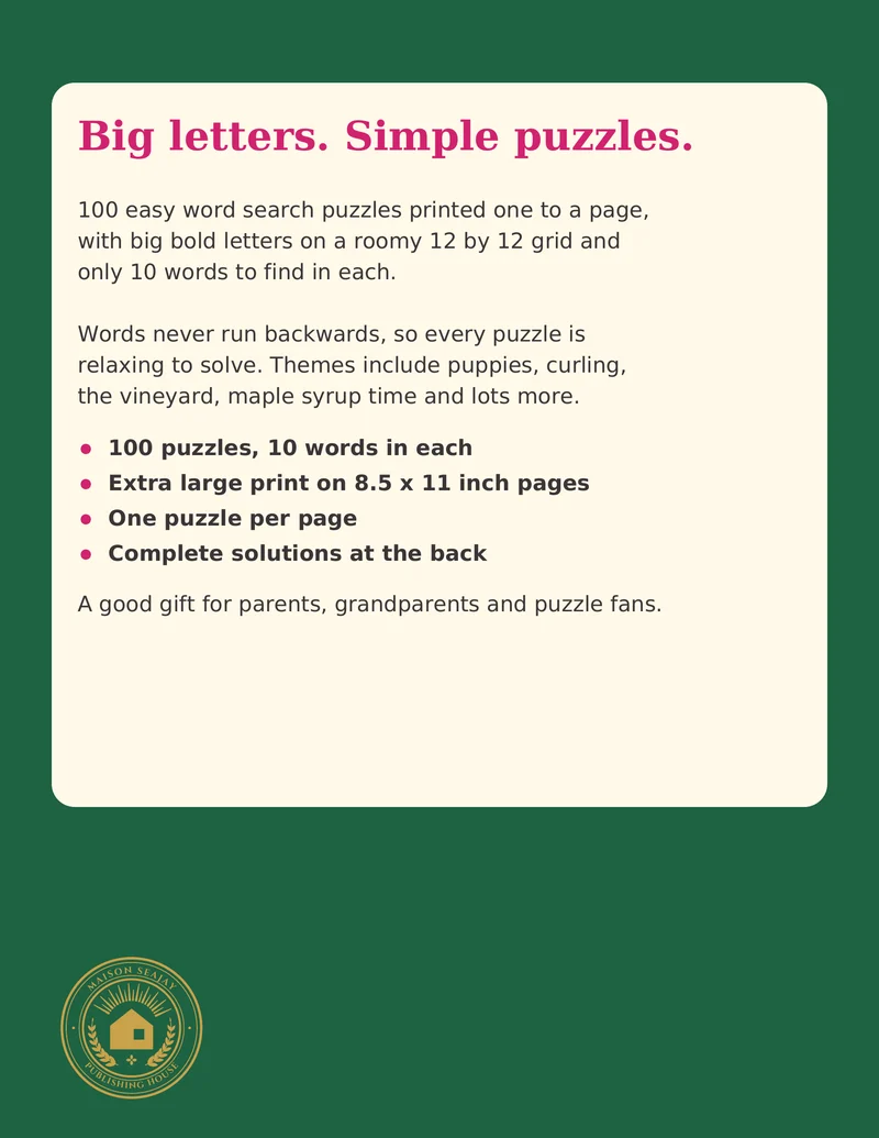 Extra Large Print Easy Word Search for Seniors, back cover